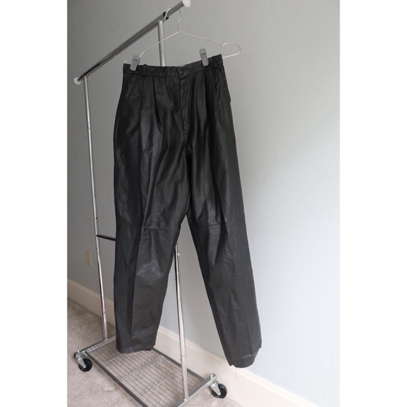 Women's Avanti Black Leather Pleated Peg Leg Pants Size 11 12 Highlighting - Picture 1 of 8